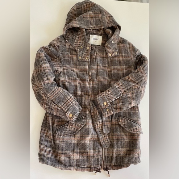 ba&sh Cox Marron Lady Coat Hooded Size 2 Us 8 Plaid Belted Wool blend - Picture 2 of 13